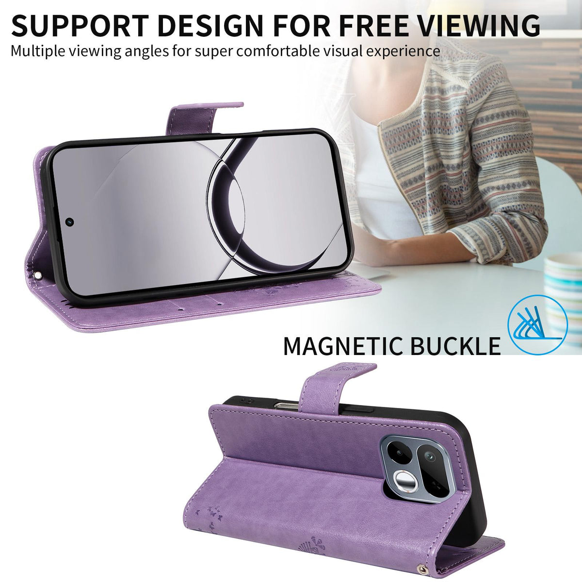 For Realme 16T 5G Tree & Cat Embossed Pattern Flip Leather Phone Case - Light Purple - EDA006505010C