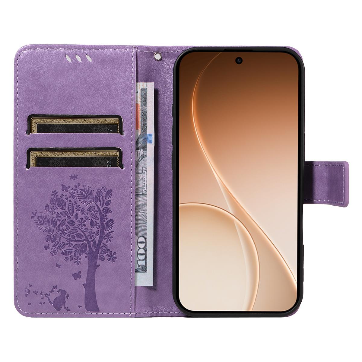 For Realme 16T 5G Tree & Cat Embossed Pattern Flip Leather Phone Case - Light Purple - EDA006505010C