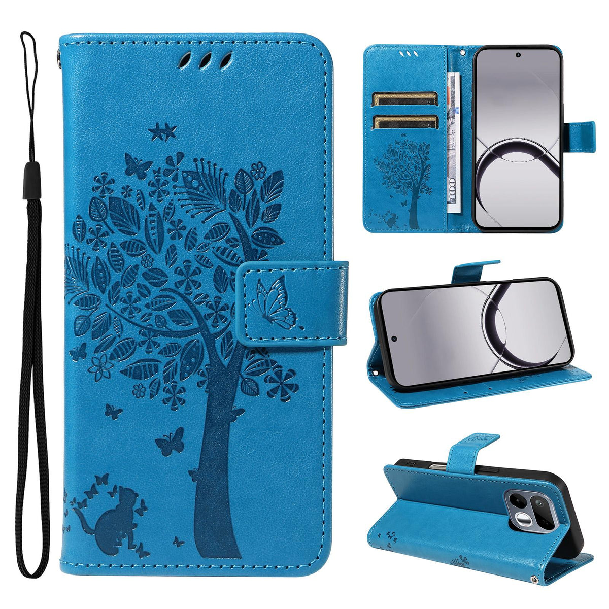 For Realme 16T 5G Tree & Cat Embossed Pattern Flip Leather Phone Case - Blue - EDA006505010D