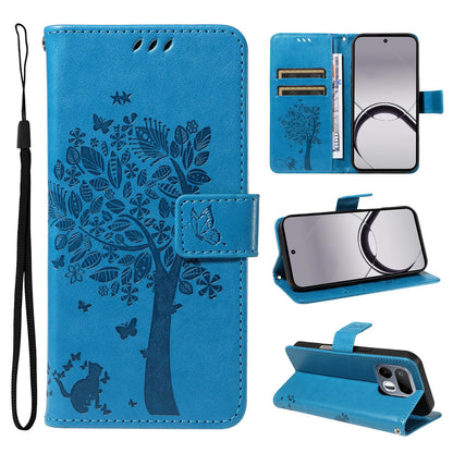 For Realme 16T 5G Tree & Cat Embossed Pattern Flip Leather Phone Case - Blue - EDA006505010D