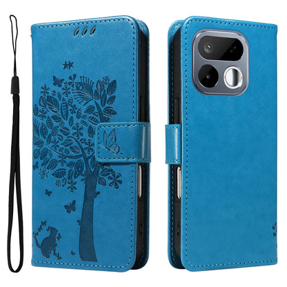 For Realme 16T 5G Tree & Cat Embossed Pattern Flip Leather Phone Case - Blue - EDA006505010D