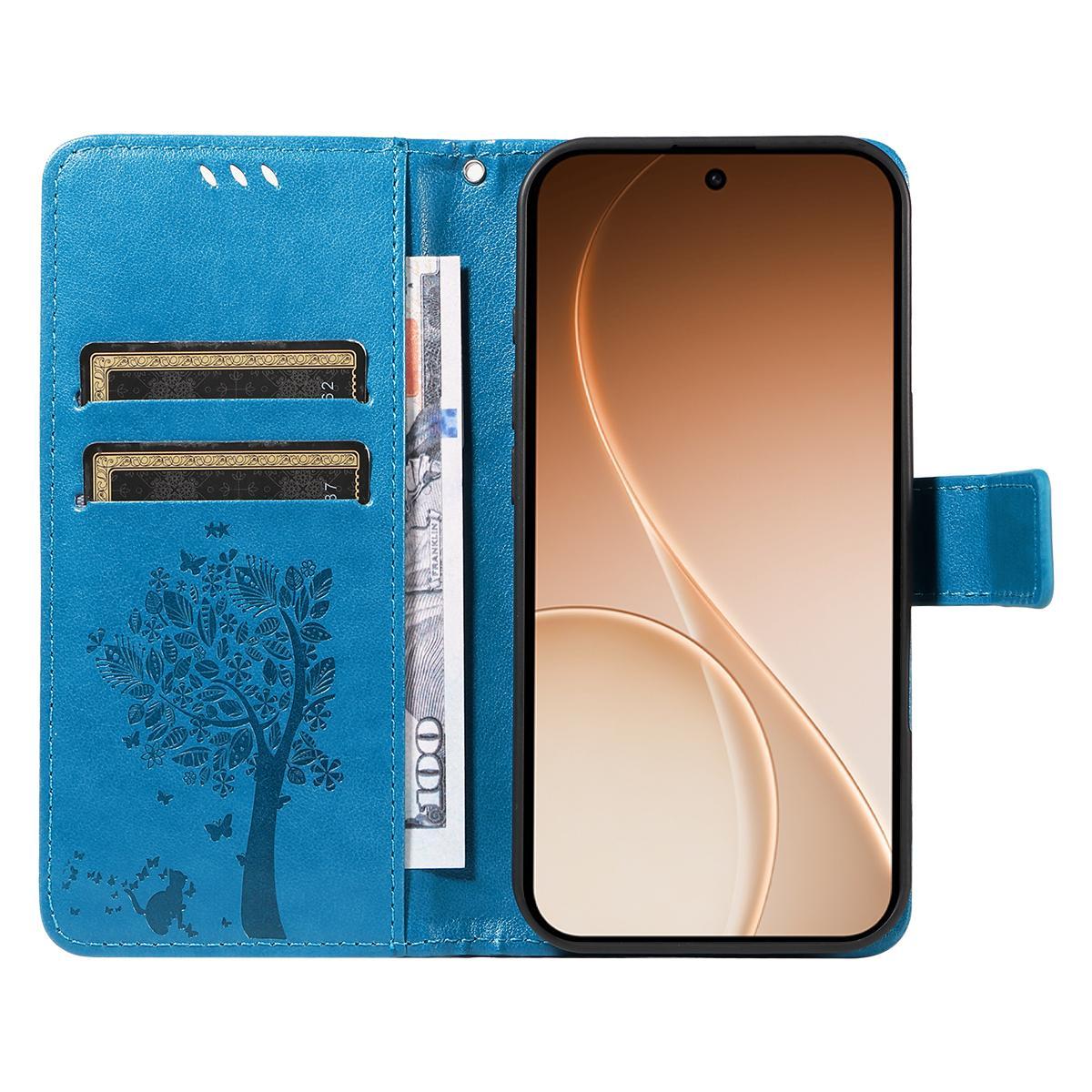 For Realme 16T 5G Tree & Cat Embossed Pattern Flip Leather Phone Case - Blue - EDA006505010D