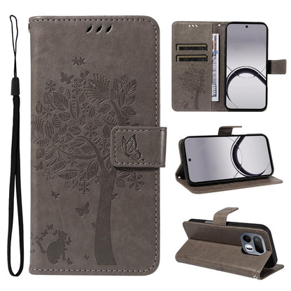 For Realme 16T 5G Tree & Cat Embossed Pattern Flip Leather Phone Case - Grey - EDA006505010E