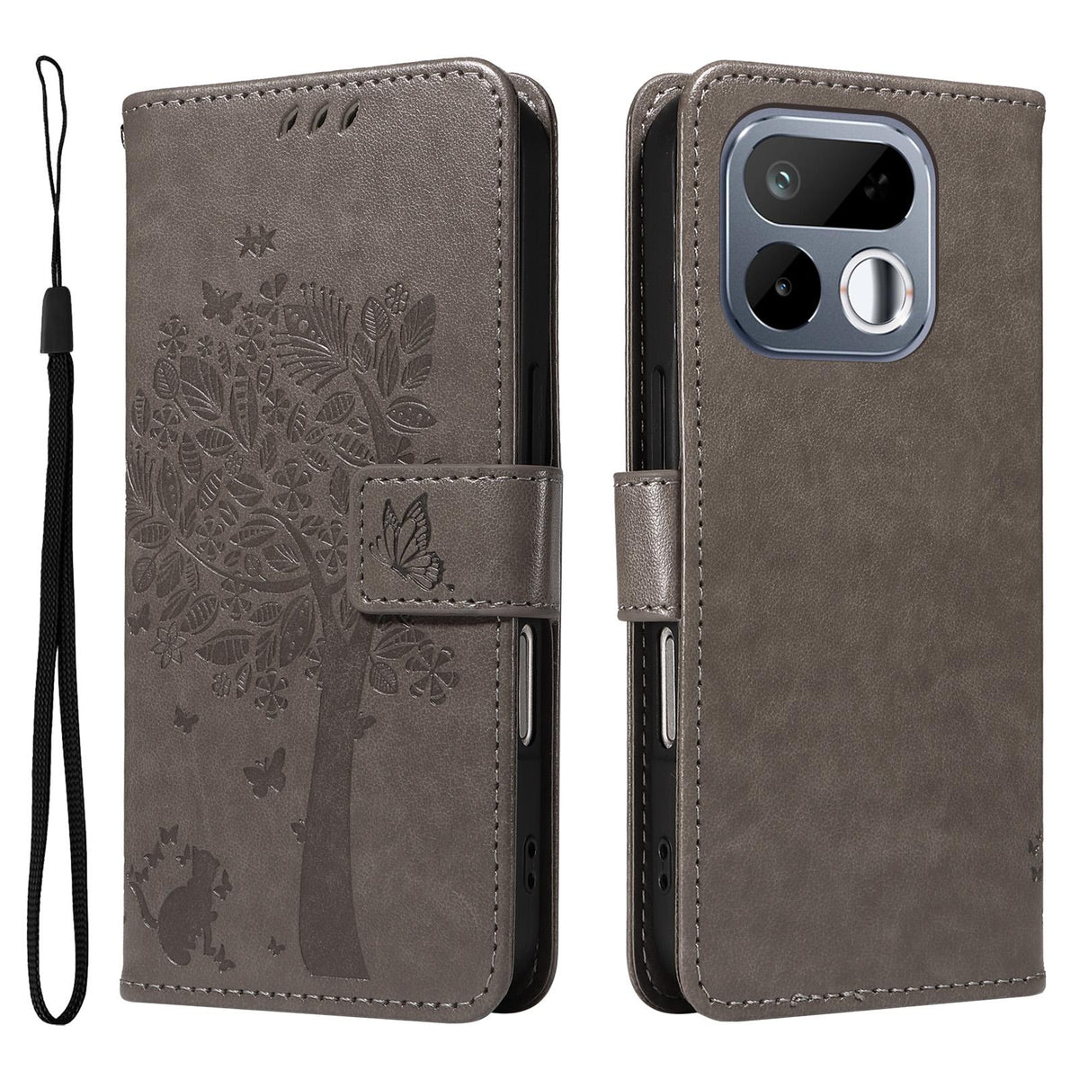 For Realme 16T 5G Tree & Cat Embossed Pattern Flip Leather Phone Case - Grey - EDA006505010E