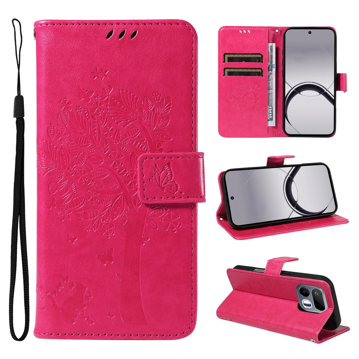 For Realme 16T 5G Tree & Cat Embossed Pattern Flip Leather Phone Case - Rose Red - EDA006505010F