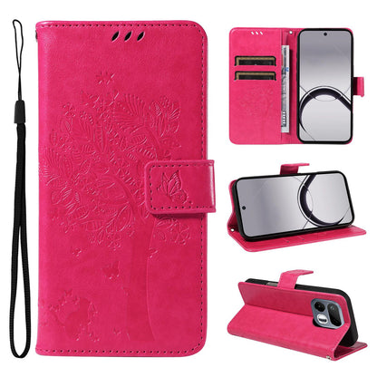 For Realme 16T 5G Tree & Cat Embossed Pattern Flip Leather Phone Case - Rose Red - EDA006505010F