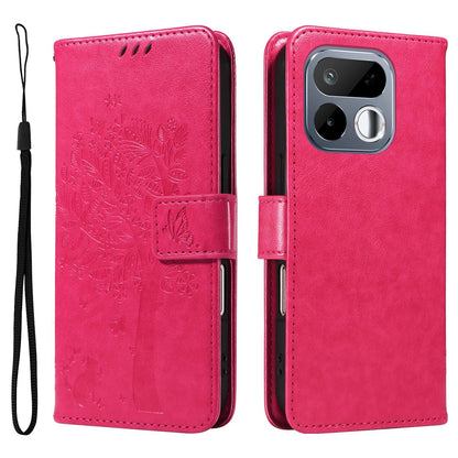 For Realme 16T 5G Tree & Cat Embossed Pattern Flip Leather Phone Case - Rose Red - EDA006505010F