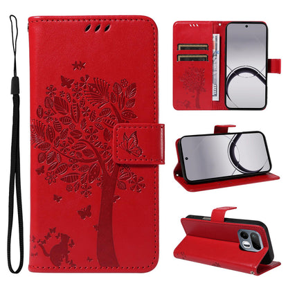 For Realme 16T 5G Tree & Cat Embossed Pattern Flip Leather Phone Case - Red - EDA006505010G