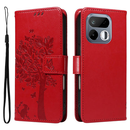 For Realme 16T 5G Tree & Cat Embossed Pattern Flip Leather Phone Case - Red - EDA006505010G