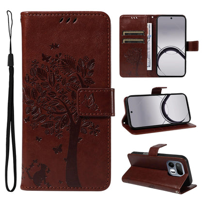 For Realme 16T 5G Tree & Cat Embossed Pattern Flip Leather Phone Case - Coffee - EDA006505010H