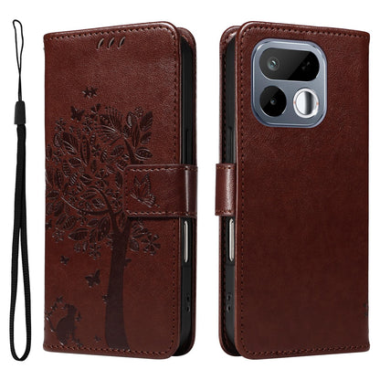 For Realme 16T 5G Tree & Cat Embossed Pattern Flip Leather Phone Case - Coffee - EDA006505010H