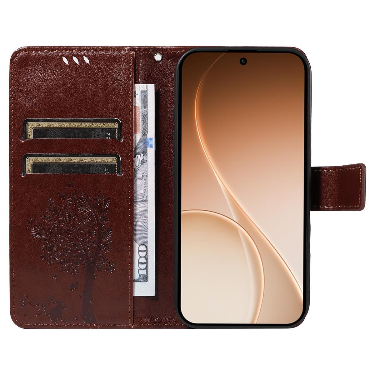 For Realme 16T 5G Tree & Cat Embossed Pattern Flip Leather Phone Case - Coffee - EDA006505010H