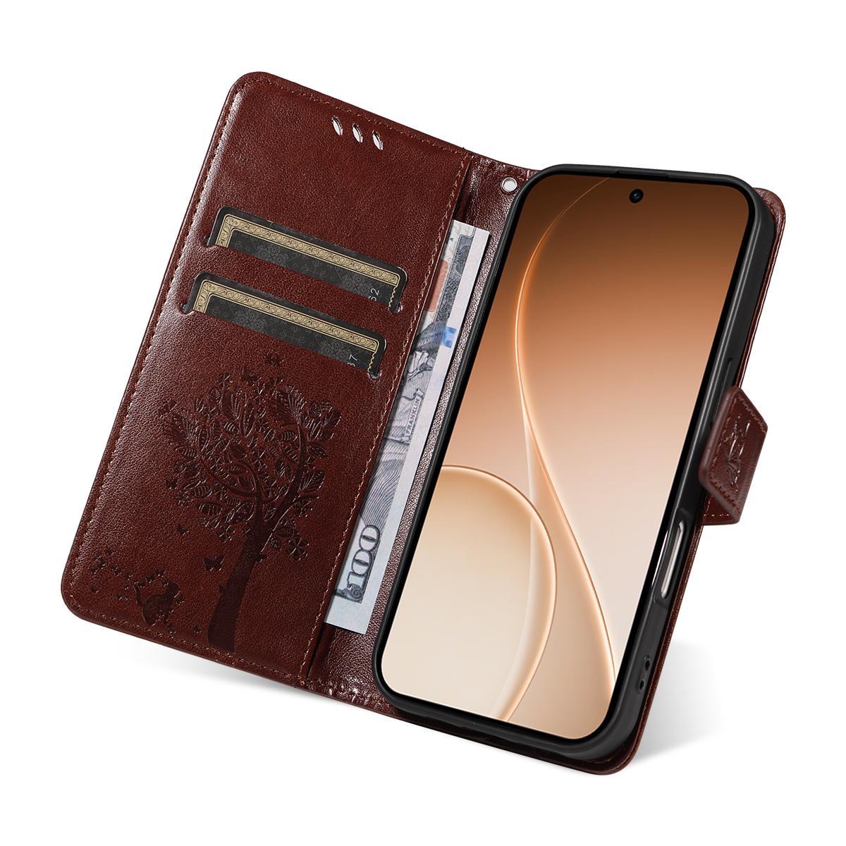 For Realme 16T 5G Tree & Cat Embossed Pattern Flip Leather Phone Case - Coffee - EDA006505010H