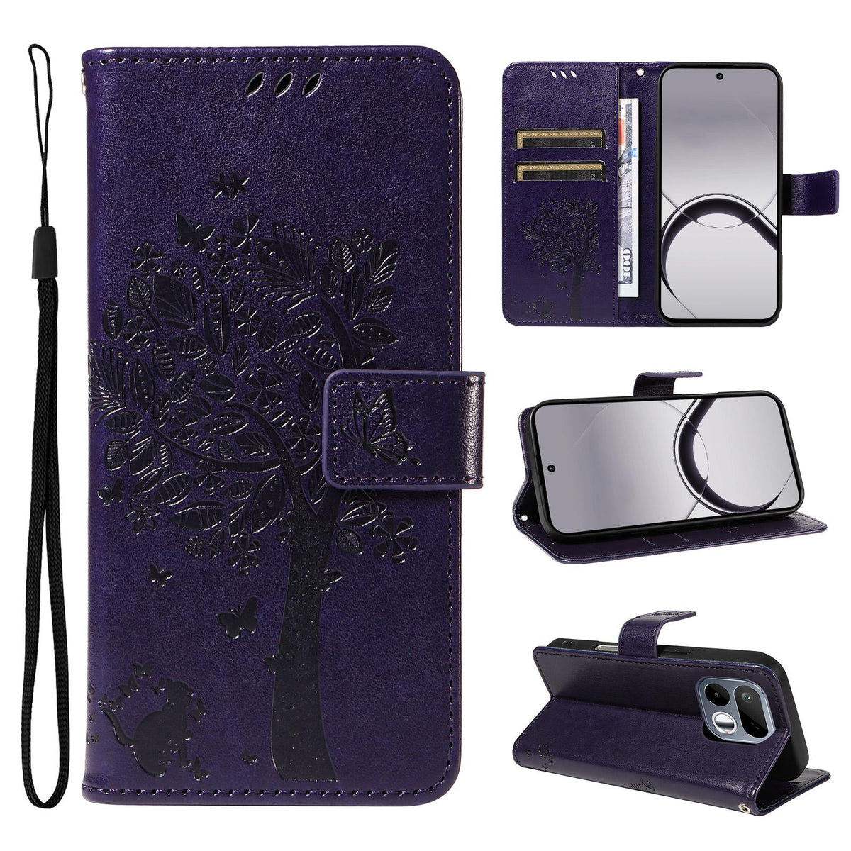 For Realme 16T 5G Tree & Cat Embossed Pattern Flip Leather Phone Case - Purple - EDA006505010I