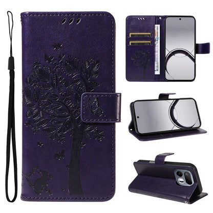 For Realme 16T 5G Tree & Cat Embossed Pattern Flip Leather Phone Case - Purple - EDA006505010I