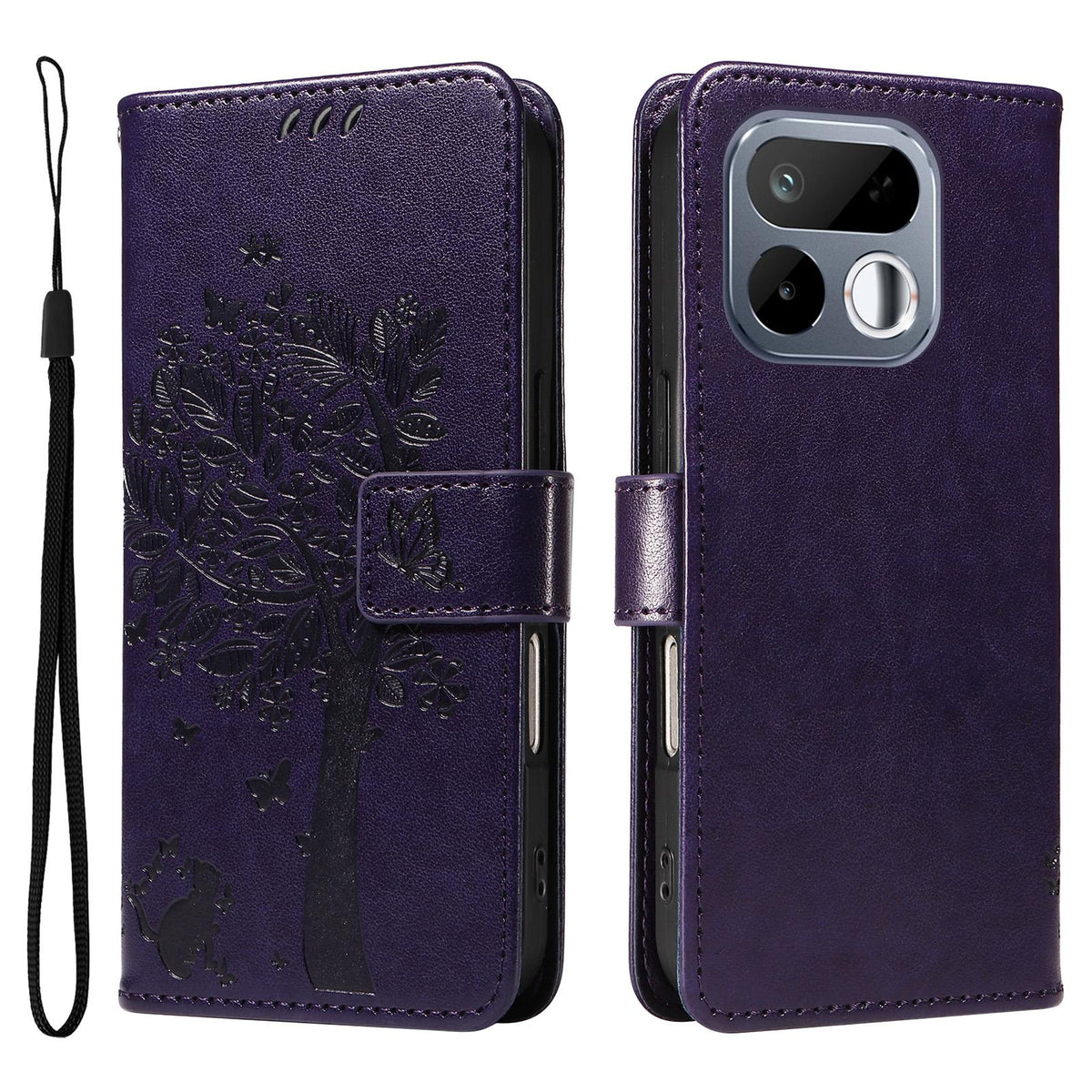 For Realme 16T 5G Tree & Cat Embossed Pattern Flip Leather Phone Case - Purple - EDA006505010I