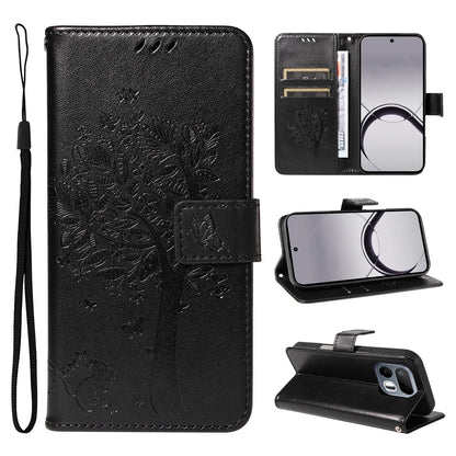 For Realme 16T 5G Tree & Cat Embossed Pattern Flip Leather Phone Case - Black - EDA006505010J
