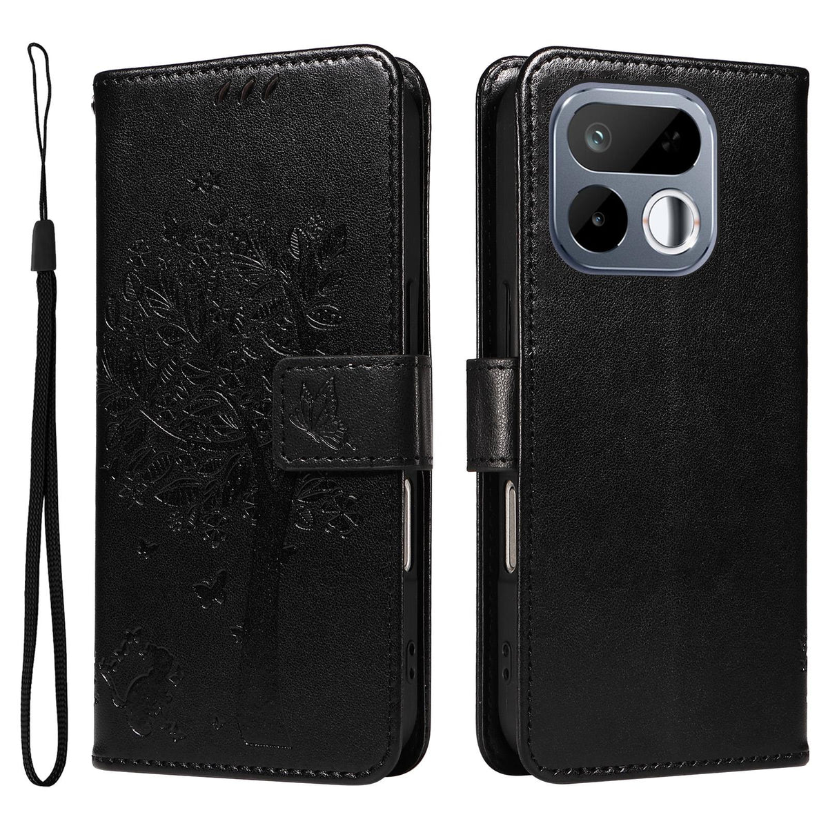 For Realme 16T 5G Tree & Cat Embossed Pattern Flip Leather Phone Case - Black - EDA006505010J