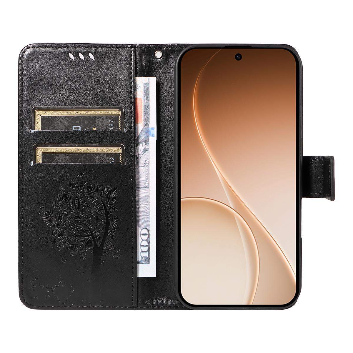 For Realme 16T 5G Tree & Cat Embossed Pattern Flip Leather Phone Case - Black - EDA006505010J