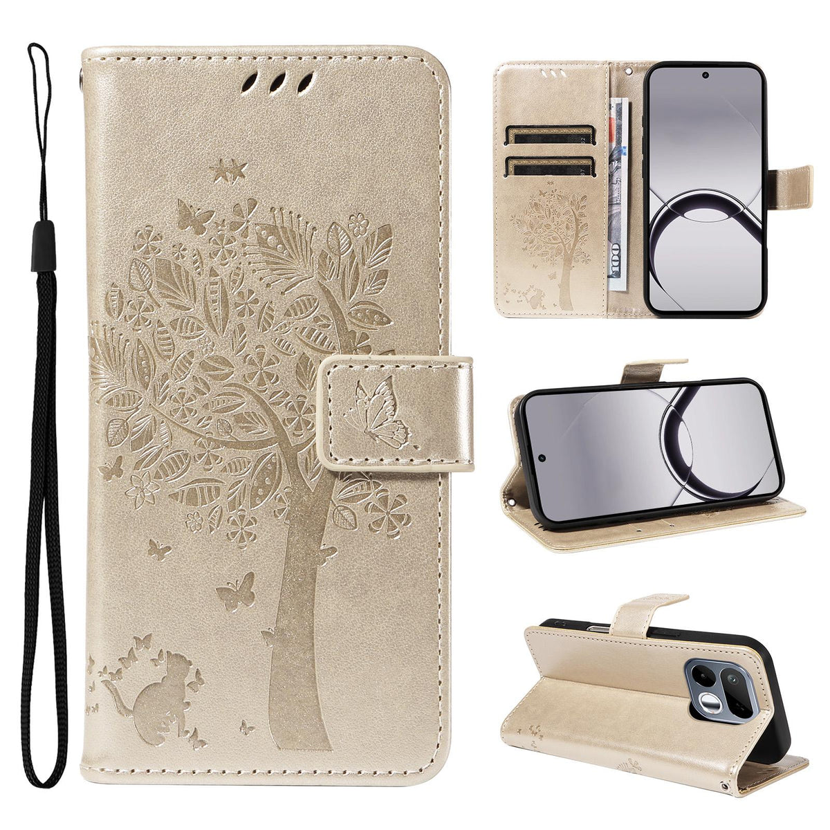 For Realme 16T 5G Tree & Cat Embossed Pattern Flip Leather Phone Case - Gold - EDA006505010K