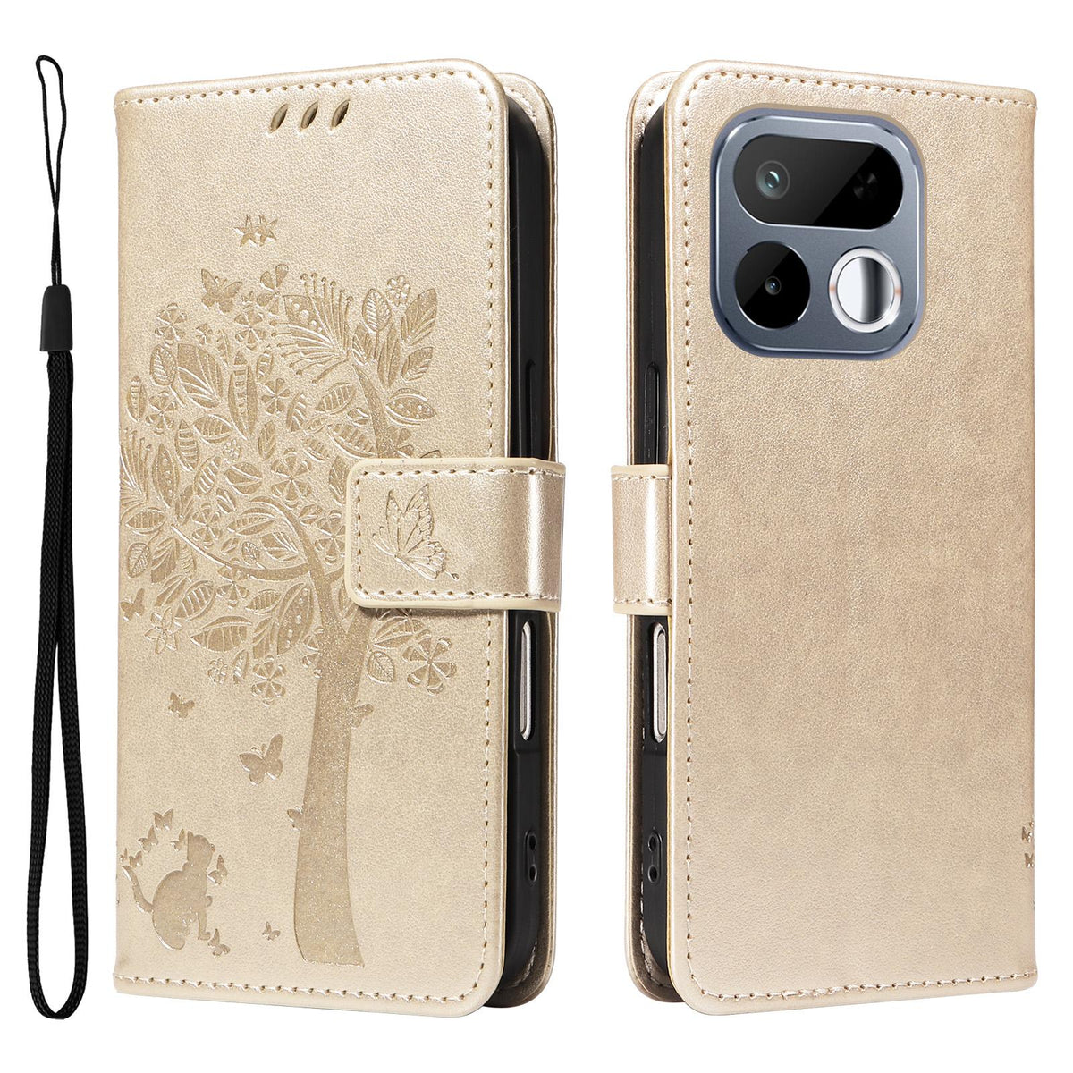 For Realme 16T 5G Tree & Cat Embossed Pattern Flip Leather Phone Case - Gold - EDA006505010K