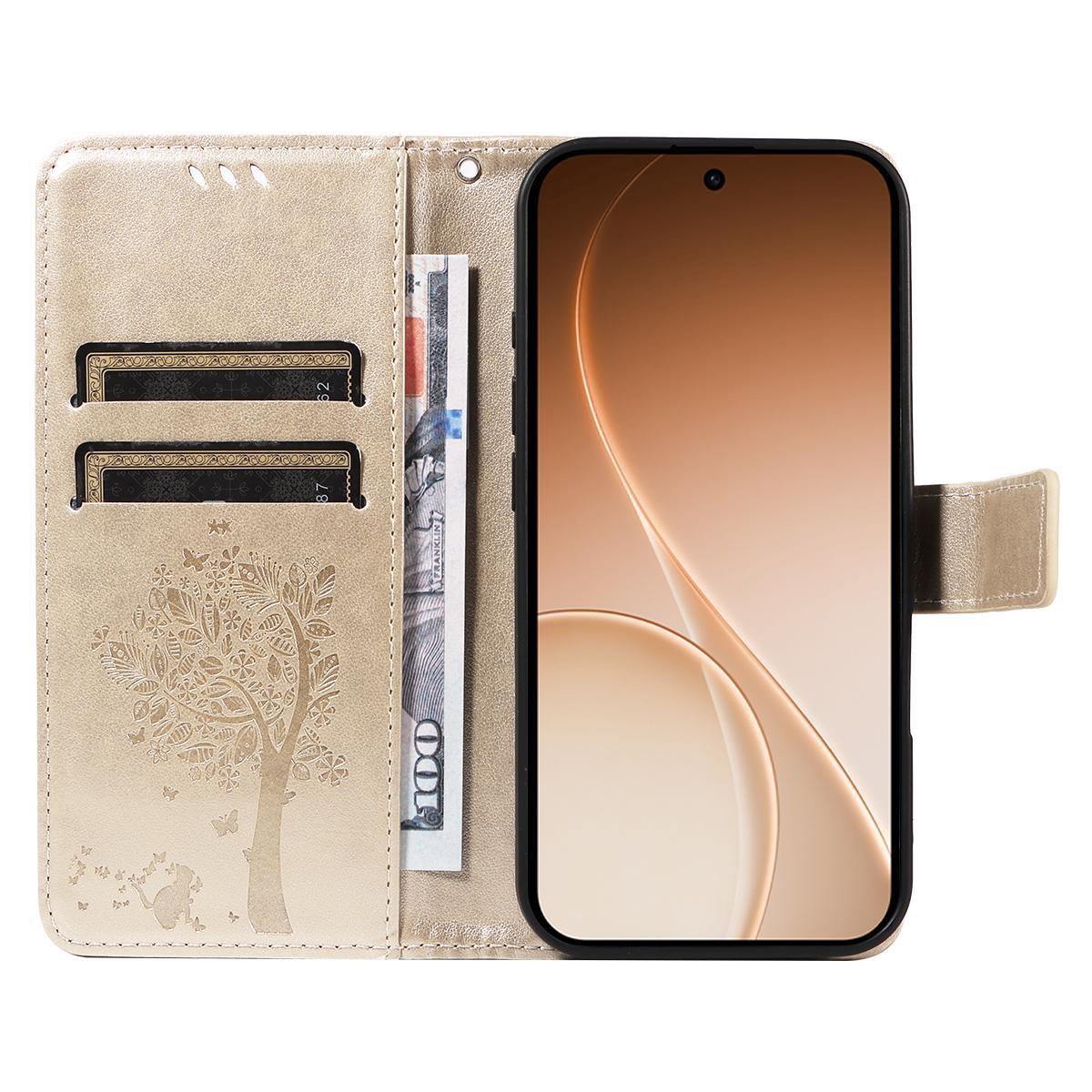 For Realme 16T 5G Tree & Cat Embossed Pattern Flip Leather Phone Case - Gold - EDA006505010K