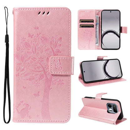 For Realme 16T 5G Tree & Cat Embossed Pattern Flip Leather Phone Case - Rose Gold - EDA006505010L