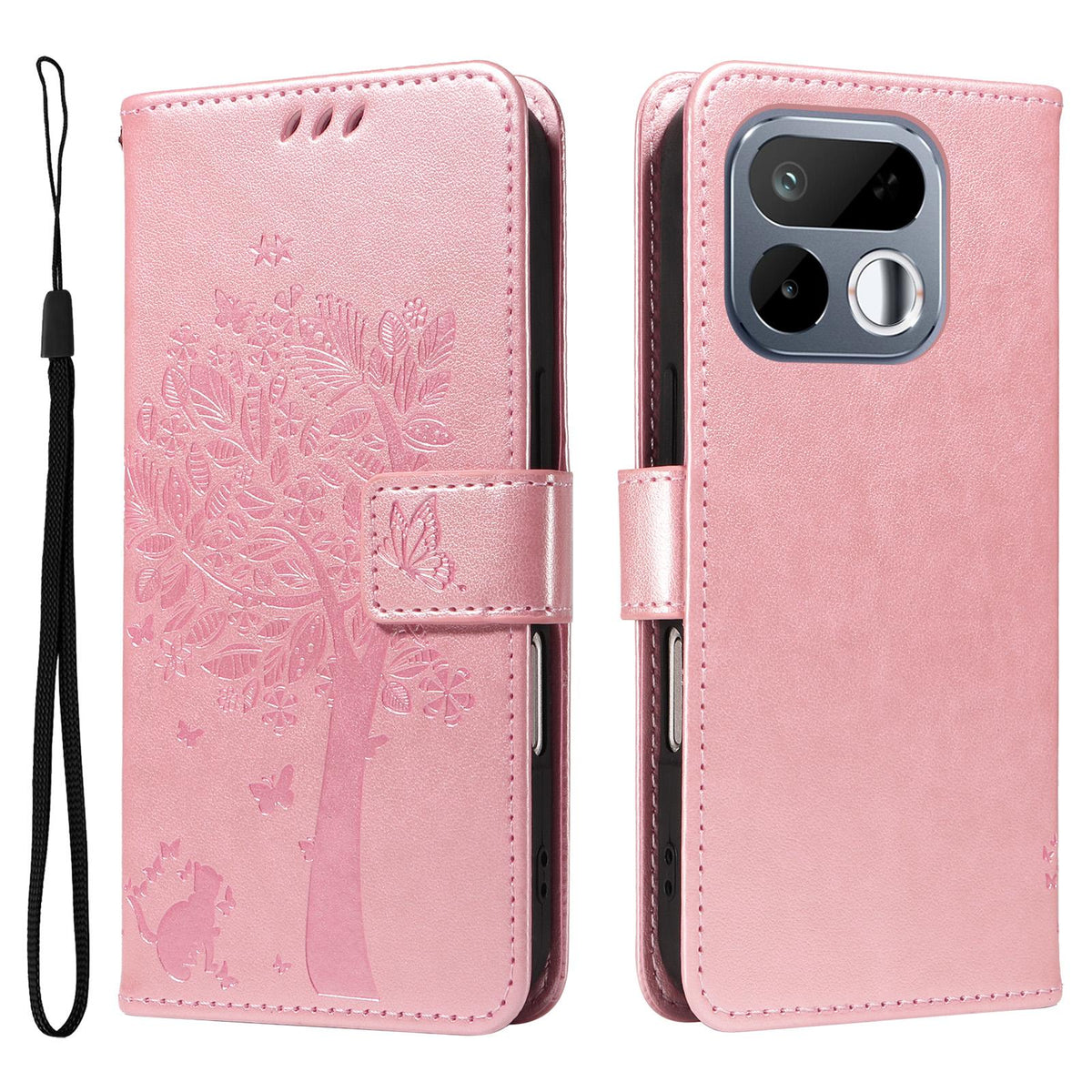 For Realme 16T 5G Tree & Cat Embossed Pattern Flip Leather Phone Case - Rose Gold - EDA006505010L