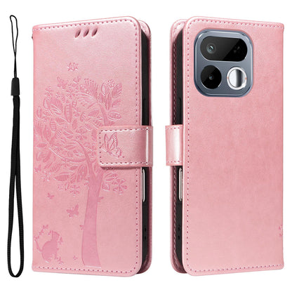 For Realme 16T 5G Tree & Cat Embossed Pattern Flip Leather Phone Case - Rose Gold - EDA006505010L