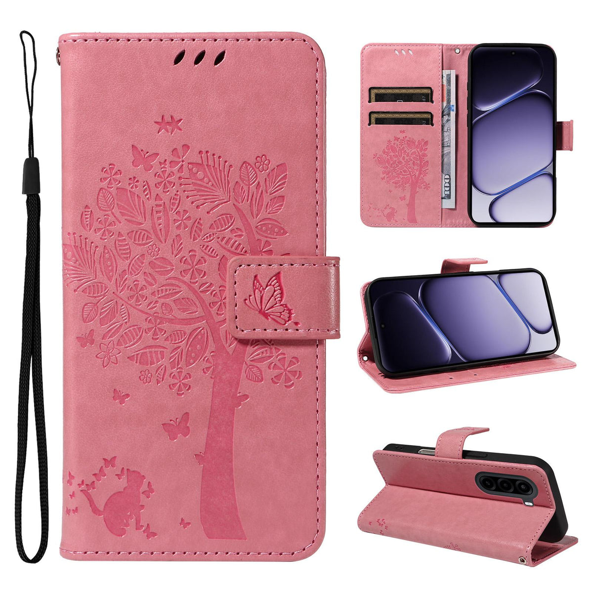 For Realme P4x 5G Tree & Cat Embossed Pattern Flip Leather Phone Case - Pink - EDA006505011A