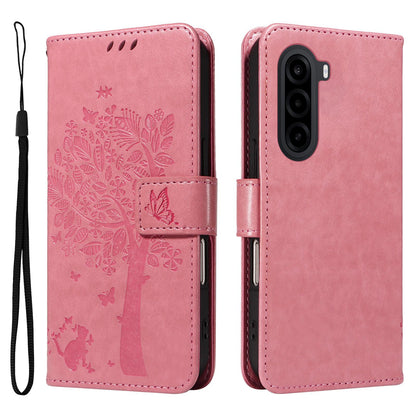 For Realme P4x 5G Tree & Cat Embossed Pattern Flip Leather Phone Case - Pink - EDA006505011A