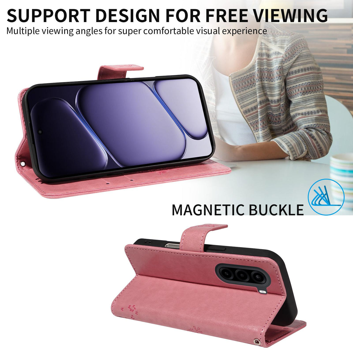 For Realme P4x 5G Tree & Cat Embossed Pattern Flip Leather Phone Case - Pink - EDA006505011A