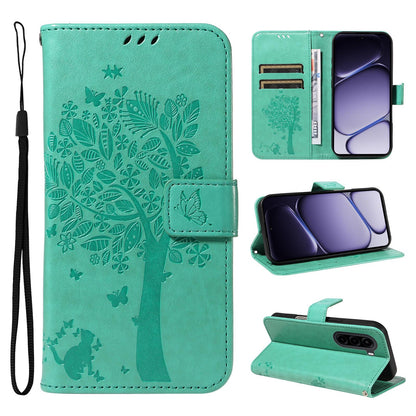 For Realme P4x 5G Tree & Cat Embossed Pattern Flip Leather Phone Case - Green - EDA006505011B