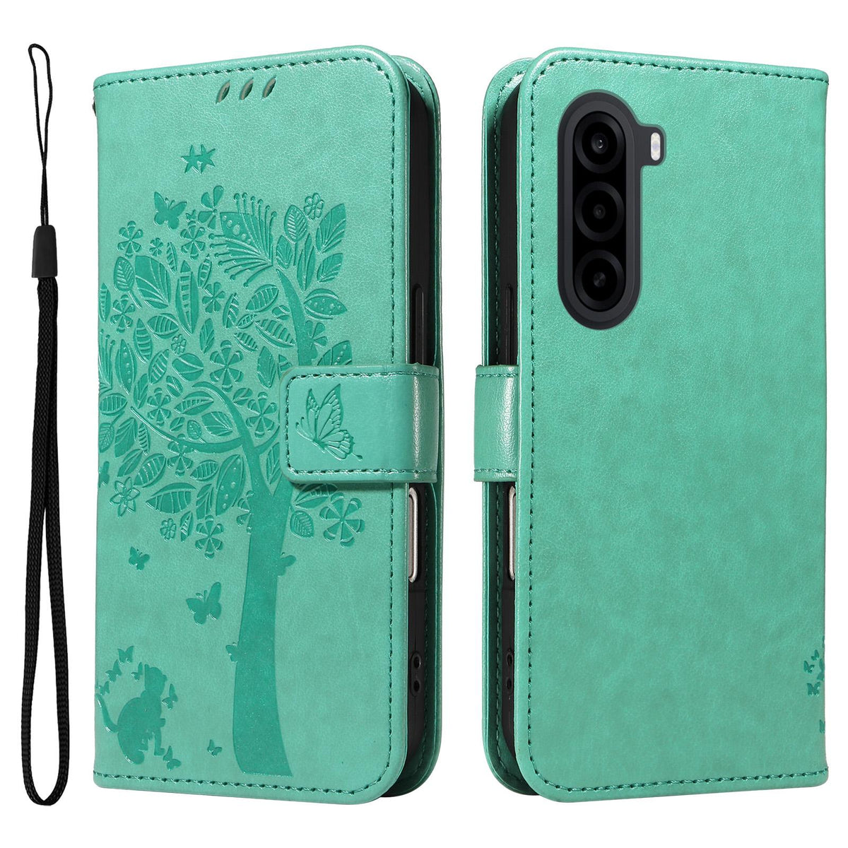 For Realme P4x 5G Tree & Cat Embossed Pattern Flip Leather Phone Case - Green - EDA006505011B