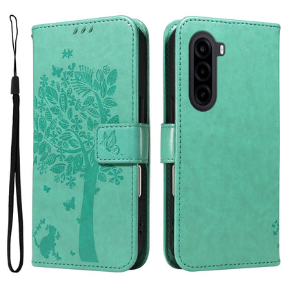 For Realme P4x 5G Tree & Cat Embossed Pattern Flip Leather Phone Case - Green - EDA006505011B