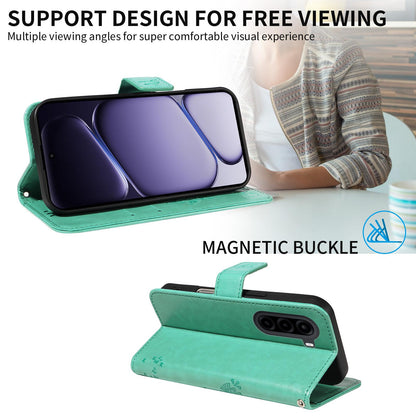 For Realme P4x 5G Tree & Cat Embossed Pattern Flip Leather Phone Case - Green - EDA006505011B