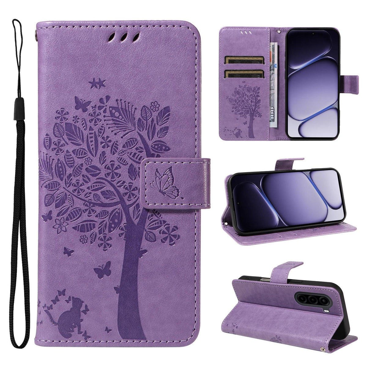 For Realme P4x 5G Tree & Cat Embossed Pattern Flip Leather Phone Case - Light Purple - EDA006505011C