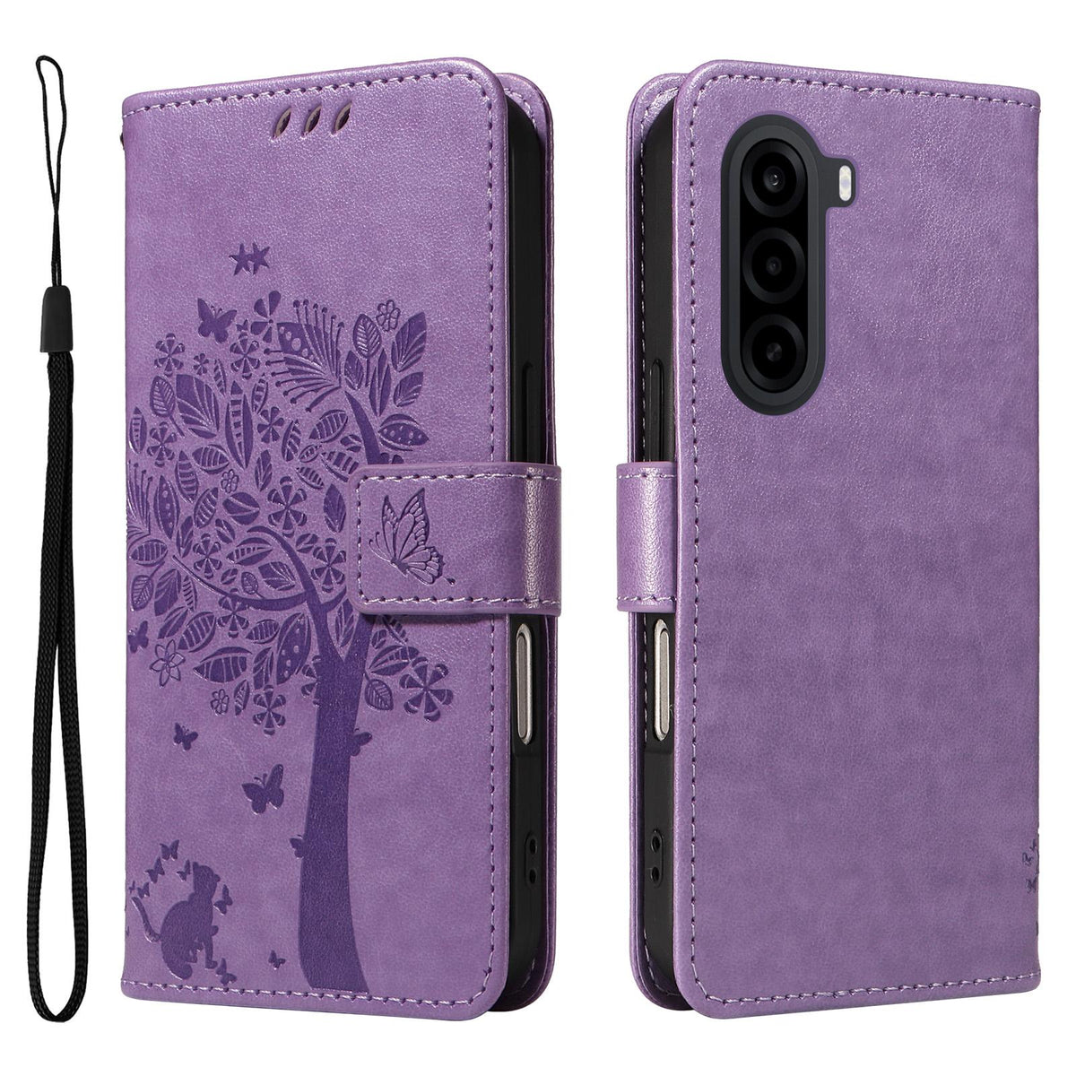 For Realme P4x 5G Tree & Cat Embossed Pattern Flip Leather Phone Case - Light Purple - EDA006505011C