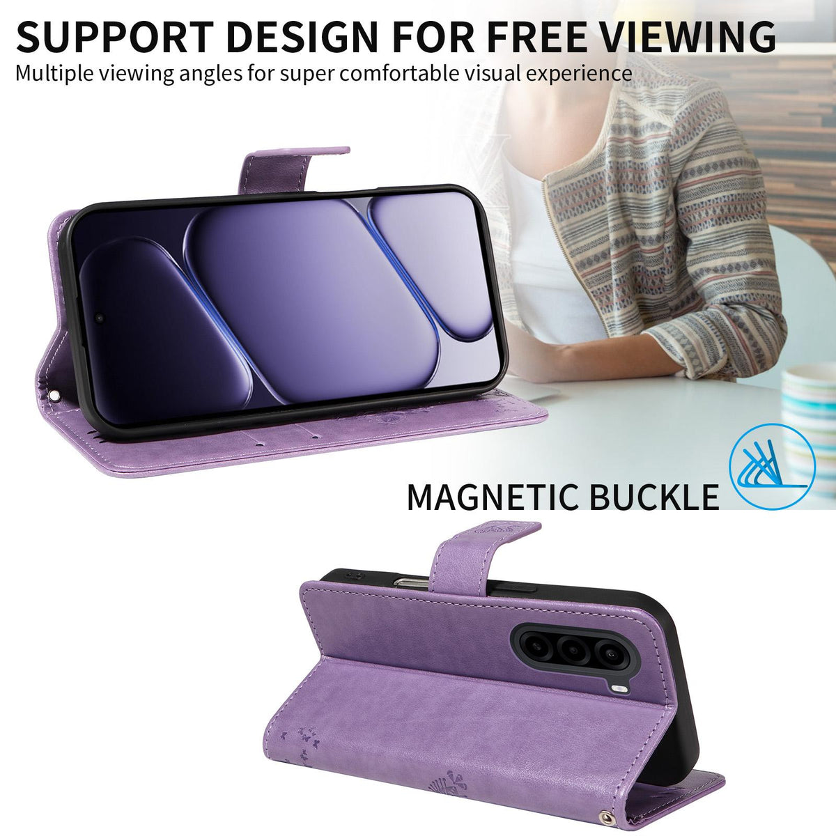 For Realme P4x 5G Tree & Cat Embossed Pattern Flip Leather Phone Case - Light Purple - EDA006505011C