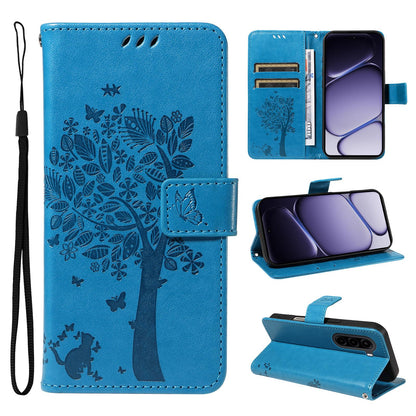For Realme P4x 5G Tree & Cat Embossed Pattern Flip Leather Phone Case - Blue - EDA006505011D