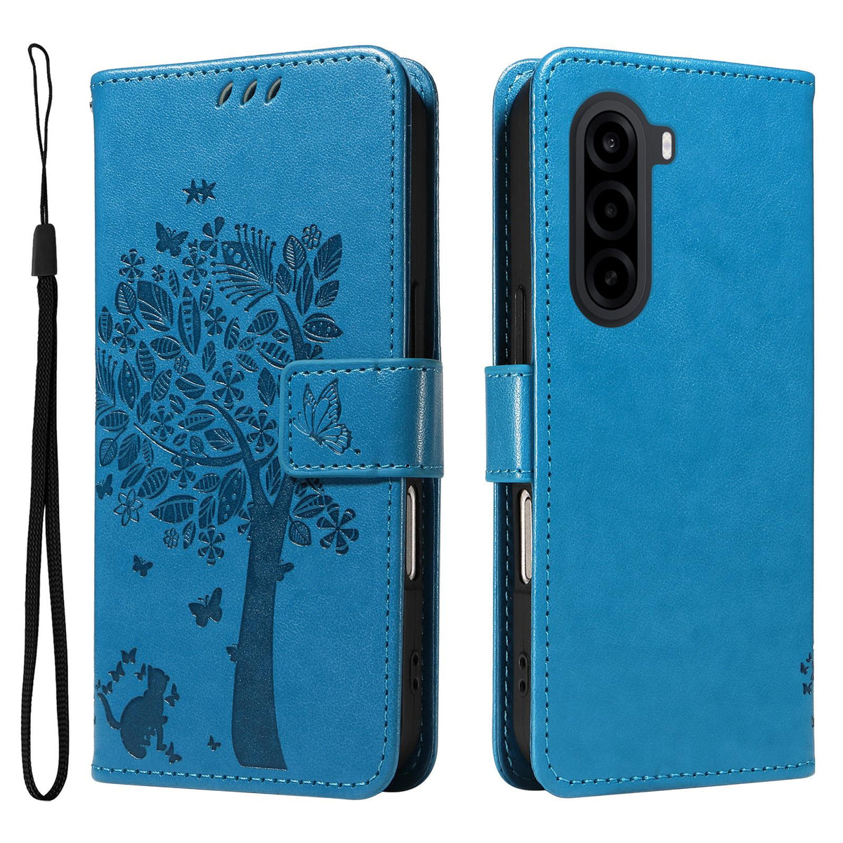 For Realme P4x 5G Tree & Cat Embossed Pattern Flip Leather Phone Case - Blue - EDA006505011D