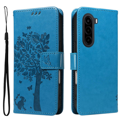 For Realme P4x 5G Tree & Cat Embossed Pattern Flip Leather Phone Case - Blue - EDA006505011D