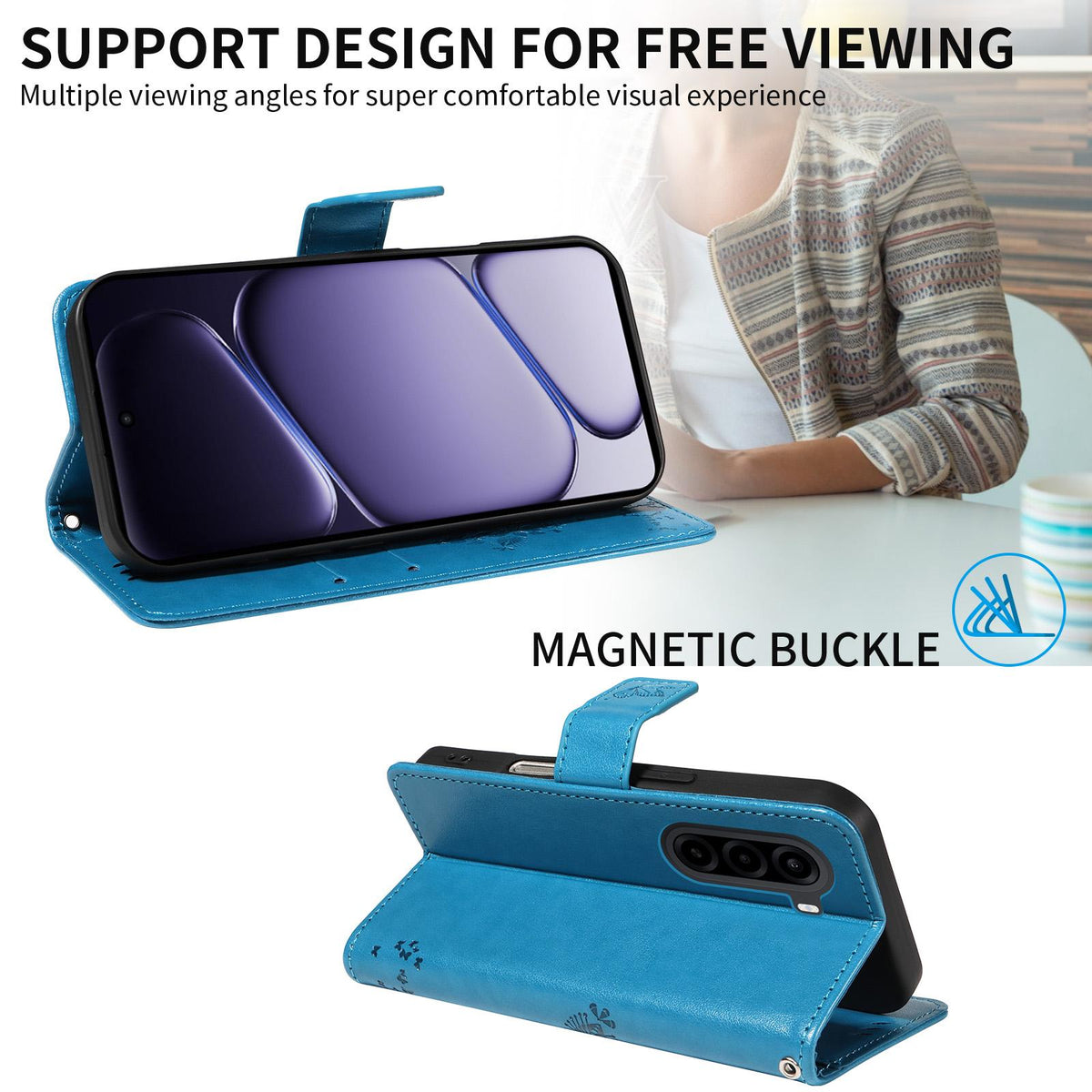 For Realme P4x 5G Tree & Cat Embossed Pattern Flip Leather Phone Case - Blue - EDA006505011D