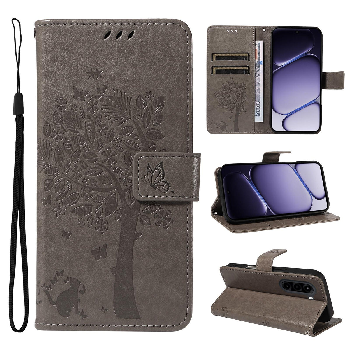 For Realme P4x 5G Tree & Cat Embossed Pattern Flip Leather Phone Case - Grey - EDA006505011E