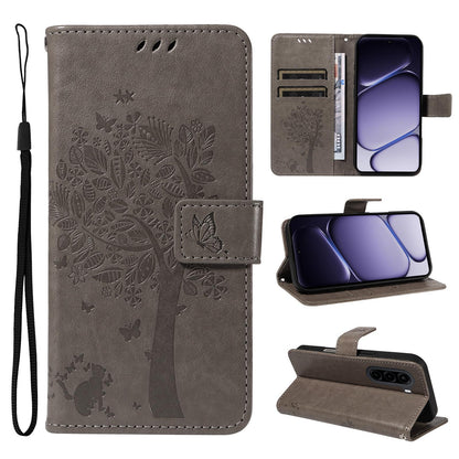 For Realme P4x 5G Tree & Cat Embossed Pattern Flip Leather Phone Case - Grey - EDA006505011E