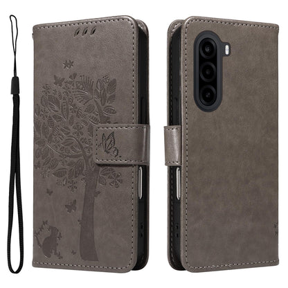 For Realme P4x 5G Tree & Cat Embossed Pattern Flip Leather Phone Case - Grey - EDA006505011E