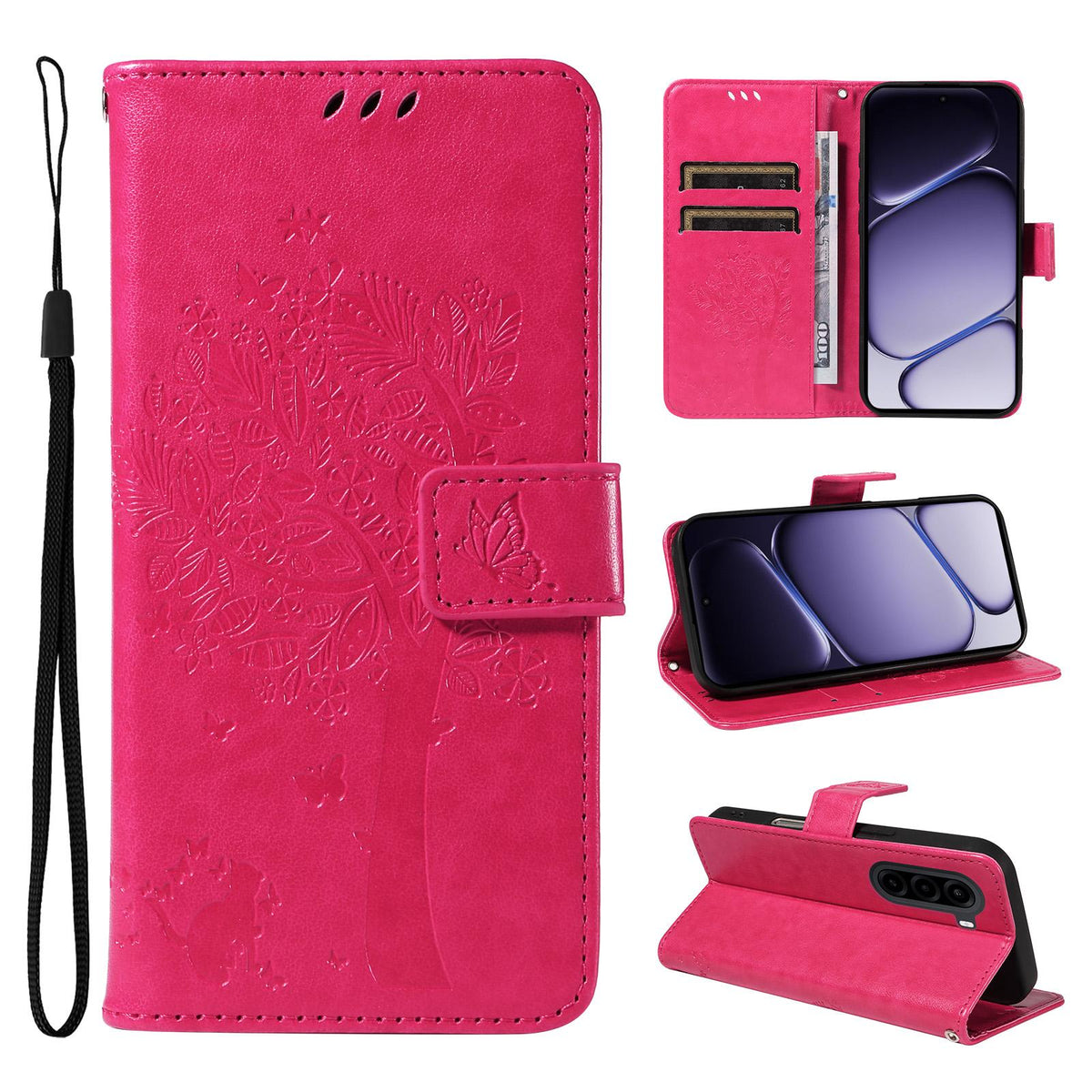 For Realme P4x 5G Tree & Cat Embossed Pattern Flip Leather Phone Case - Rose Red - EDA006505011F