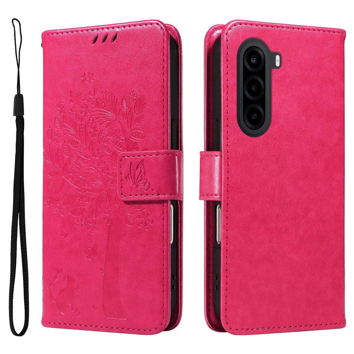For Realme P4x 5G Tree & Cat Embossed Pattern Flip Leather Phone Case - Rose Red - EDA006505011F
