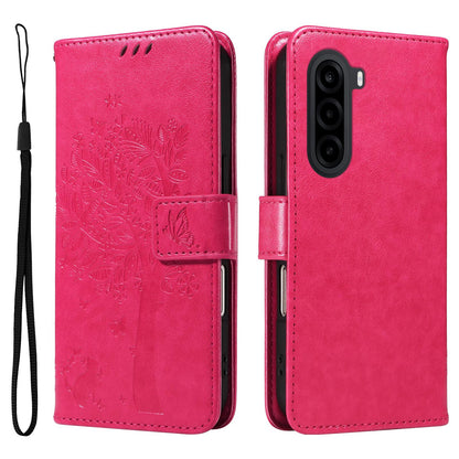 For Realme P4x 5G Tree & Cat Embossed Pattern Flip Leather Phone Case - Rose Red - EDA006505011F