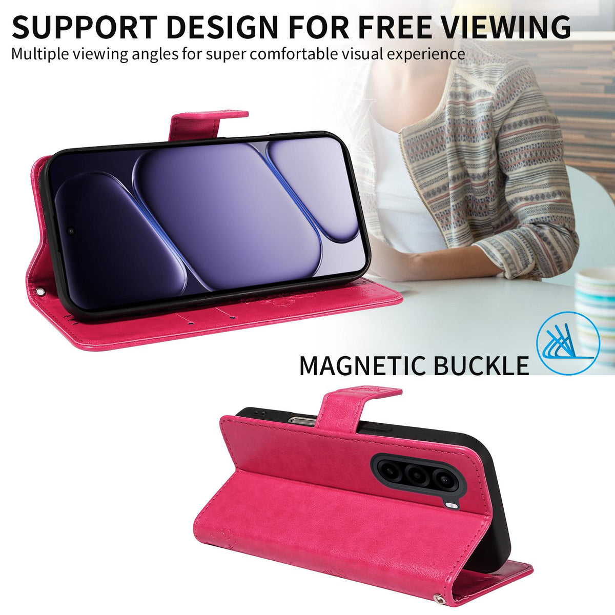 For Realme P4x 5G Tree & Cat Embossed Pattern Flip Leather Phone Case - Rose Red - EDA006505011F